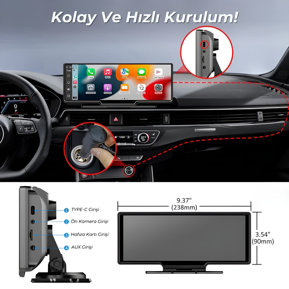 Embatech 10.26 inç Kablosuz Carplay Ve Android Auto 4K Ön/Arka Çift Kameralı Oto Multimedya Araç Ekran (EMT-SCR1) – 5