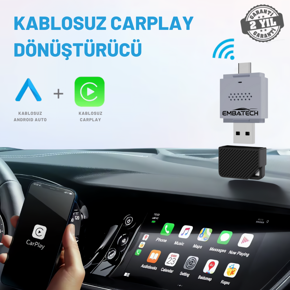 Embatech Araç Içi 2in1 Android ve Apple Cihazlar Için Kablosuz Android Auto ve Carplay Adaptörü (EMT-004)