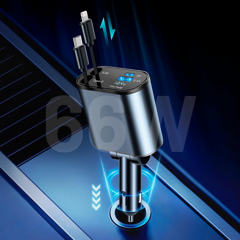 Embatech 66W Dahili Çekilebilir Kablolu Type-c + Lightning Hızlı Araç Çakmaklık Şarj Aleti (EMT-CARCHARGER001)