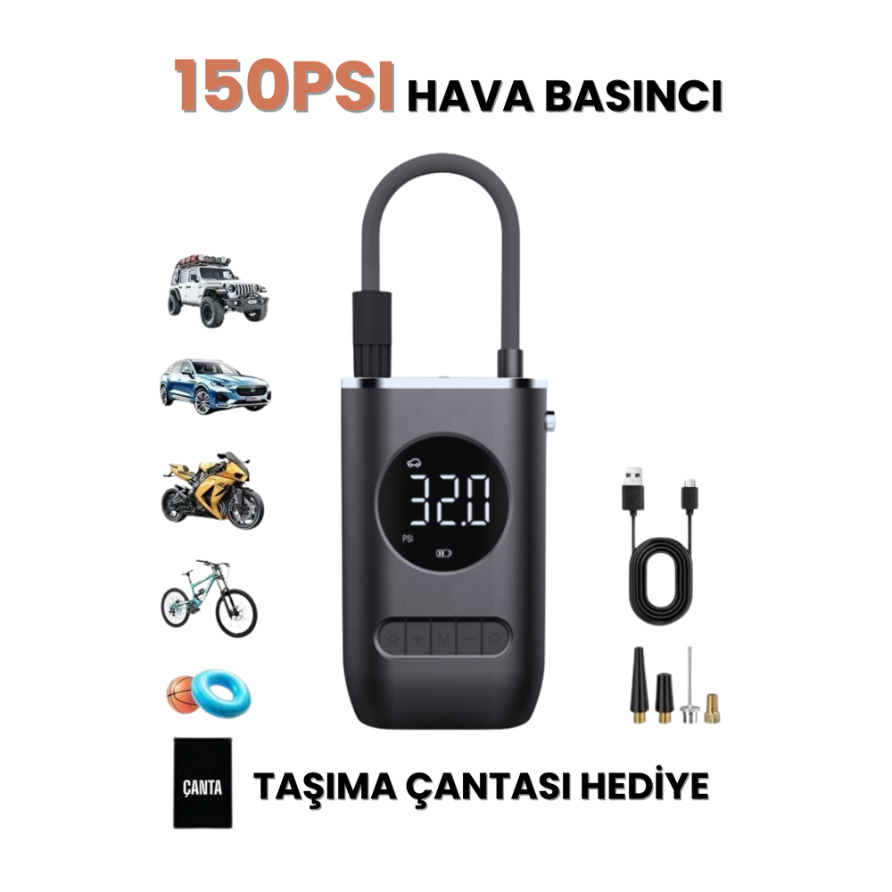 Embatech 4000MAH Hava Pompası | 150 Psı Ultra Basınç, LED Işıklı, LCD Ekranlı, Taşınabilir… (EMT-TIREINFLATOR001)