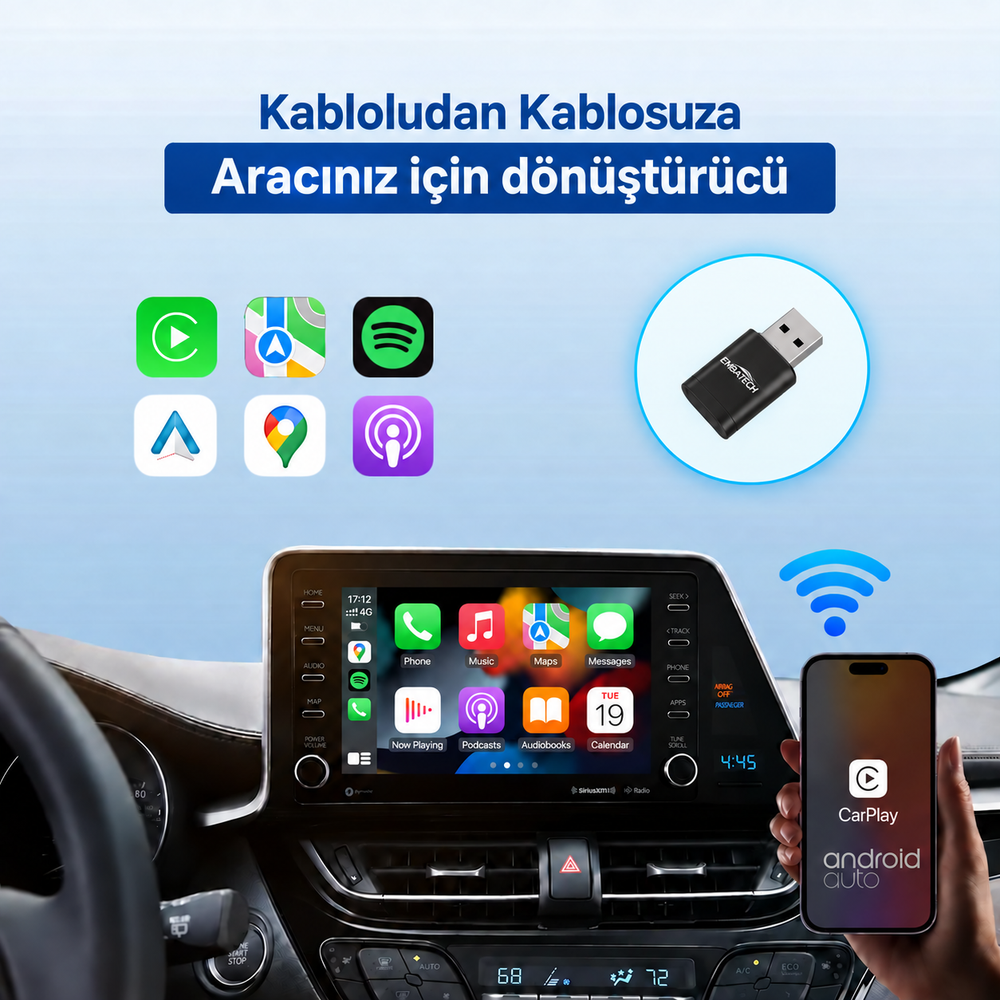 Araç İçi 2in1 Android ve Apple Cihazlar İçin Kablosuz Android Auto ve Carplay Adaptörü (EMT-006N) – 2