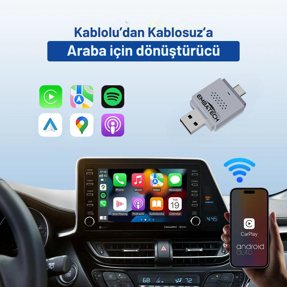 Embatech Araç İçi 2in1 Android ve Apple Cihazlar İçin Kablosuz Android Auto ve Carplay Adaptörü (EMT-004) – 2