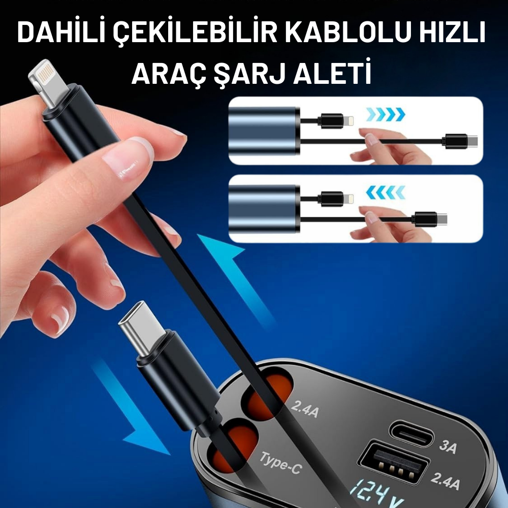 Embatech 66W Dahili Çekilebilir Kablolu Type-c + Lightning Hızlı Araç Çakmaklık Şarj Aleti (EMT-CARCHARGER001) – 2