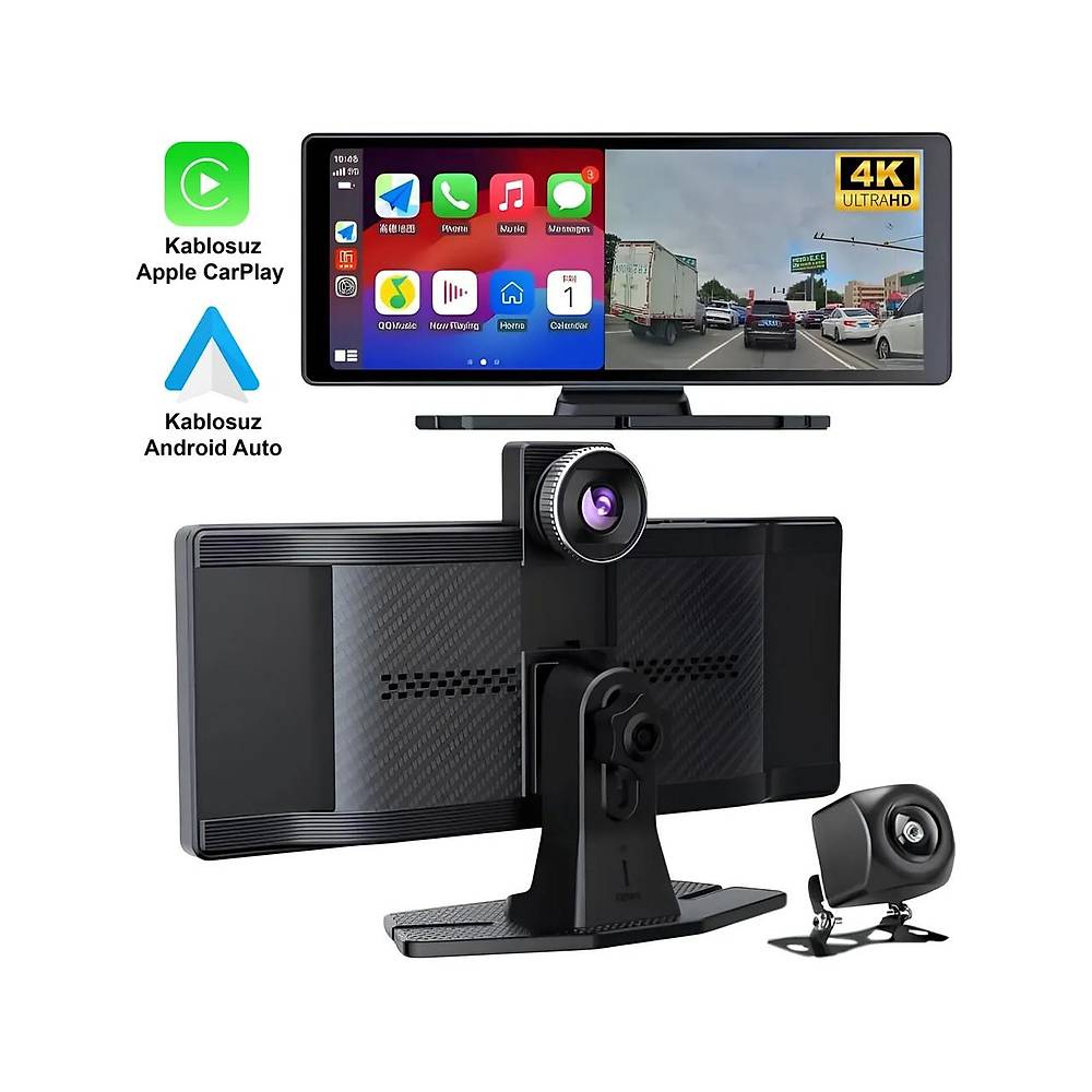 Embatech 10.26 inç Kablosuz Carplay Ve Android Auto 4K Ön/Arka Çift Kameralı Oto Multimedya Araç Ekran (EMT-SCR1)