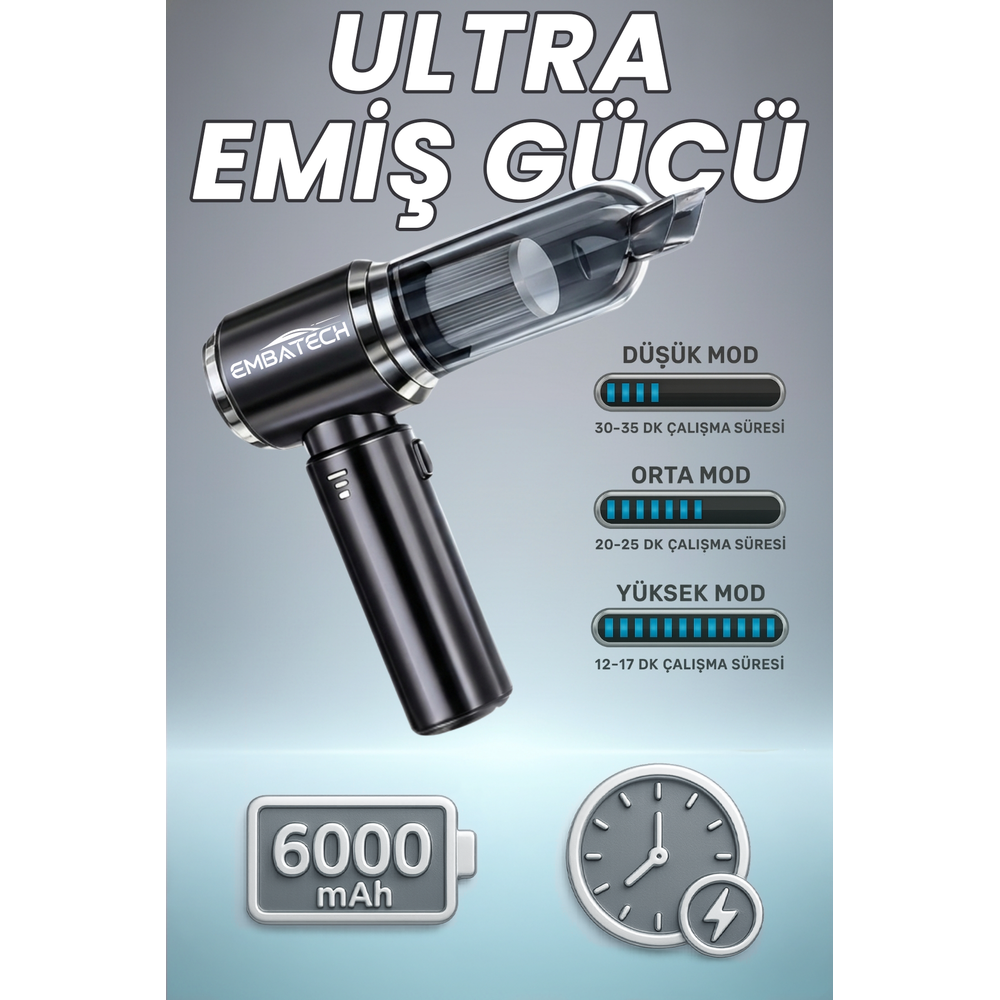 Embatech 7800 mAh 16.000 Pa Güçlü Vakumlu ve Üflemeli Ev Ofis Araç Süpürgesi Güçlü El Süpürgesi… (EMT-VACUUMCLEANER001) – 2