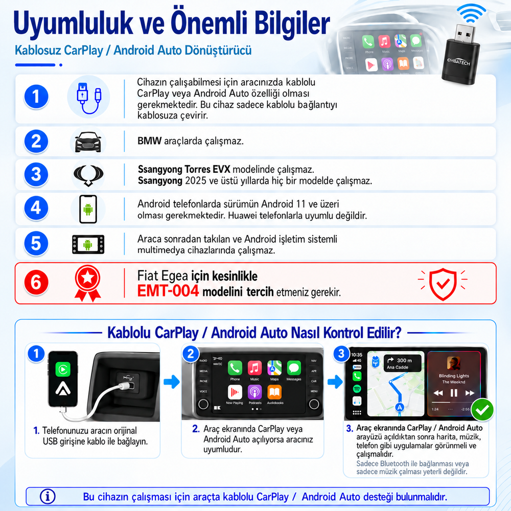 Araç İçi 2in1 Android ve Apple Cihazlar İçin Kablosuz Android Auto ve Carplay Adaptörü (EMT-006N) – 5