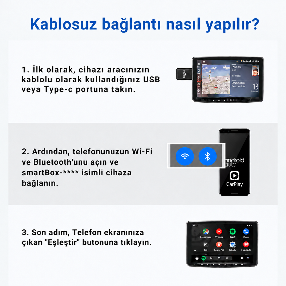 Araç İçi 2in1 Android ve Apple Cihazlar İçin Kablosuz Android Auto ve Carplay Adaptörü (EMT-006N) – 4
