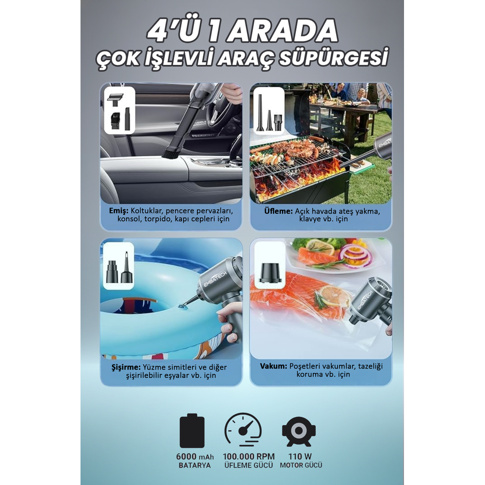 Embatech 7800 mAh 16.000 Pa Güçlü Vakumlu ve Üflemeli Ev Ofis Araç Süpürgesi Güçlü El Süpürgesi… (EMT-VACUUMCLEANER001) – 4