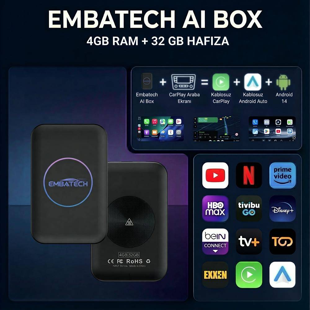 Embatech CarPlay Ai Box 4GB+32GB Youtube,Netflix,Google Play & Kablosuz Carplay&Android Auto (EMT-AI001NEW)