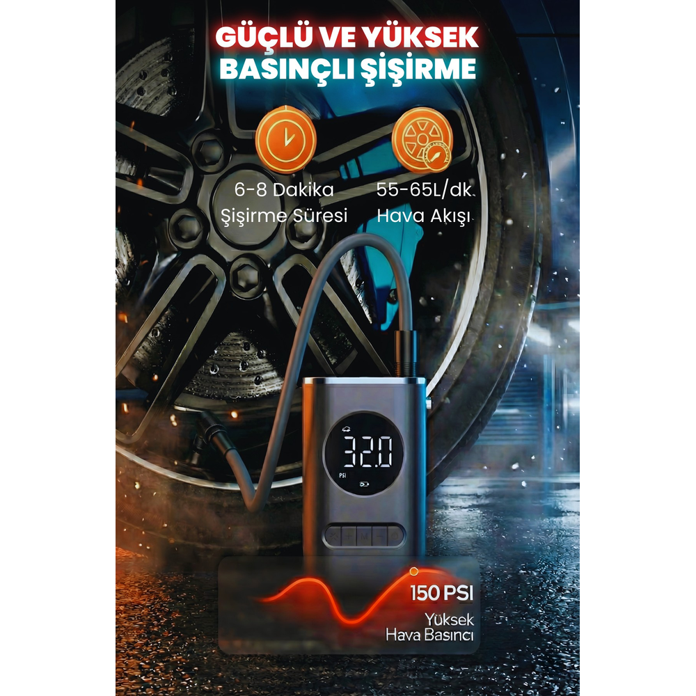 Embatech 4000MAH Hava Pompası | 150 PSI Ultra Basınç, LED Işıklı, LCD Ekranlı, Taşınabilir… (EMT-TIREINFLATOR001) – 2