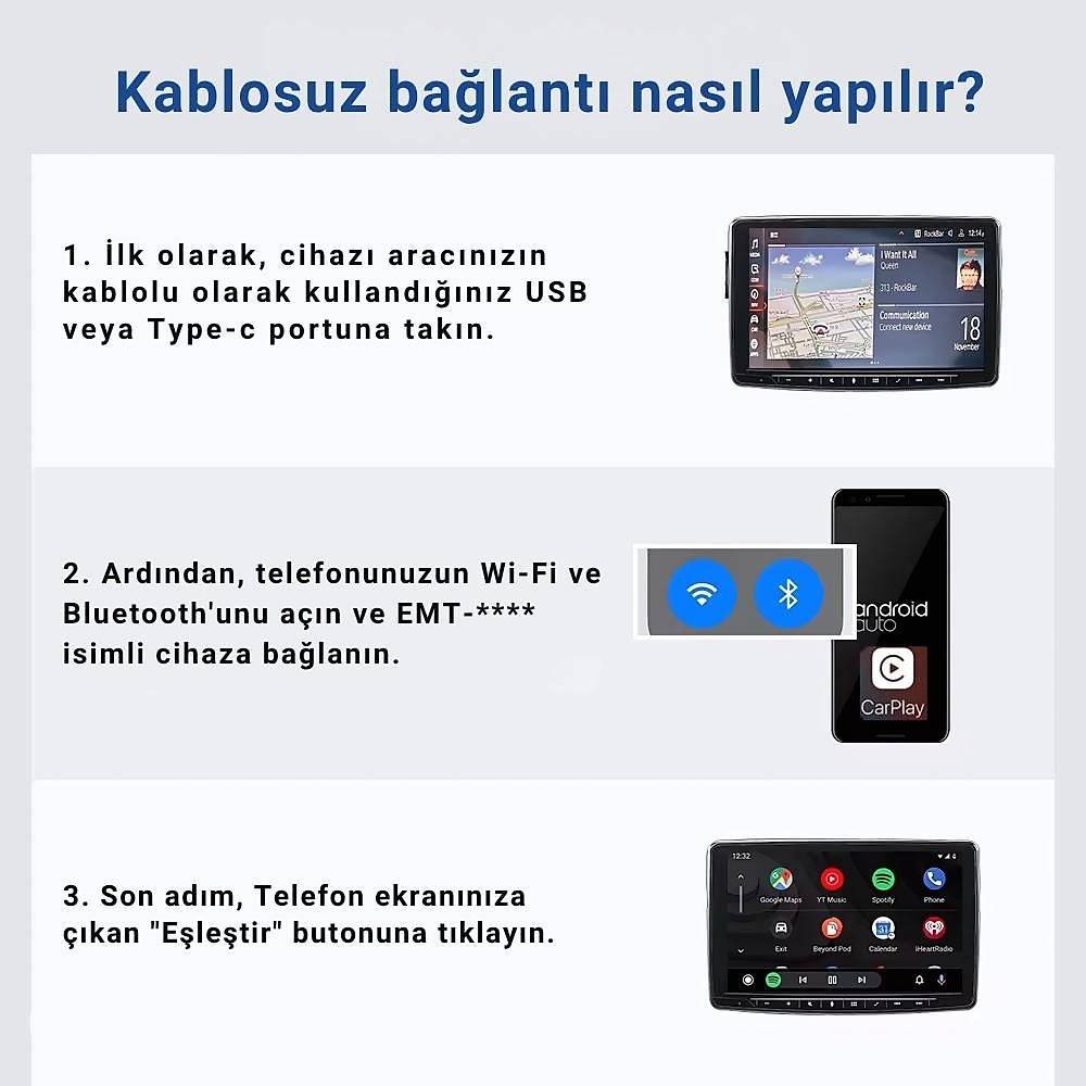 Embatech Araç İçi 2in1 Android Ve Apple Cihazlar İçin Kablosuz CarPlay Ve Android Auto Adaptörü (EMT-001) – 4