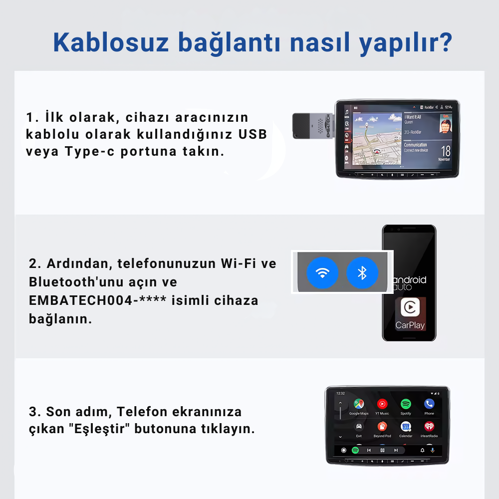 Embatech Araç İçi 2in1 Android ve Apple Cihazlar İçin Kablosuz Android Auto ve Carplay Adaptörü (EMT-004) – 4