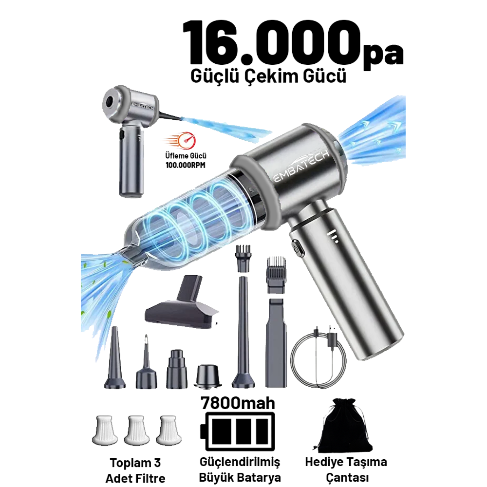 Embatech 7800 mAh 16.000 Pa Güçlü Vakumlu ve Üflemeli Ev Ofis Araç Süpürgesi Güçlü El Süpürgesi… (EMT-VACUUMCLEANER001)